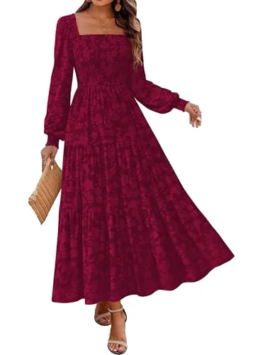 KIRUNDO Floral Square Neck Long Sleeve Maxi Dress in Burgundy