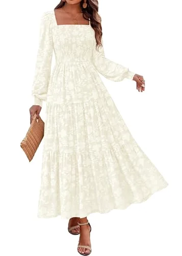 KIRUNDO Floral Square Neck Long Sleeve Maxi Dress in Cream