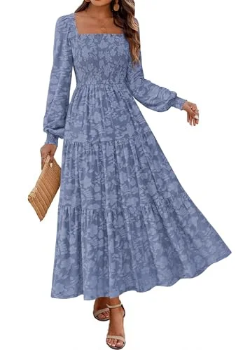 KIRUNDO Floral Square Neck Long Sleeve Maxi Dress in Dusty Blue