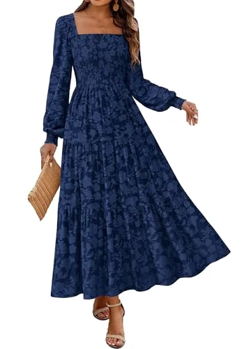 KIRUNDO Floral Square Neck Long Sleeve Maxi Dress in Navy