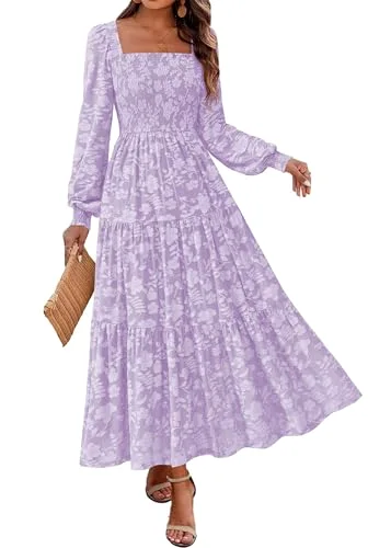 KIRUNDO Floral Square Neck Long Sleeve Maxi Dress in Purple