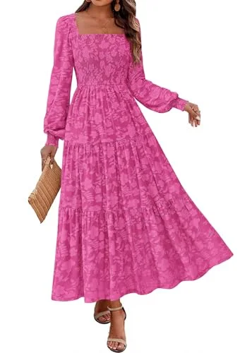KIRUNDO Floral Square Neck Long Sleeve Maxi Dress in Rose Red