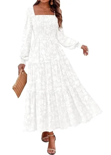 KIRUNDO Floral Square Neck Long Sleeve Maxi Dress in White