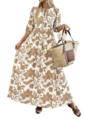 KIRUNDO Floral Three-Quarter Sleeve Maxi Dress in Khaki