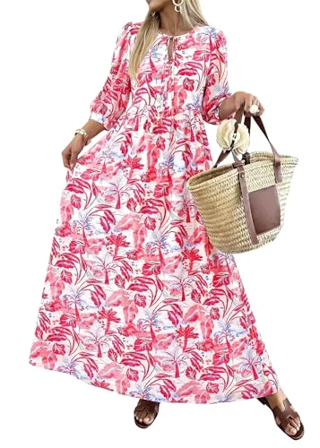 KIRUNDO Floral Three-Quarter Sleeve Maxi Dress in Red