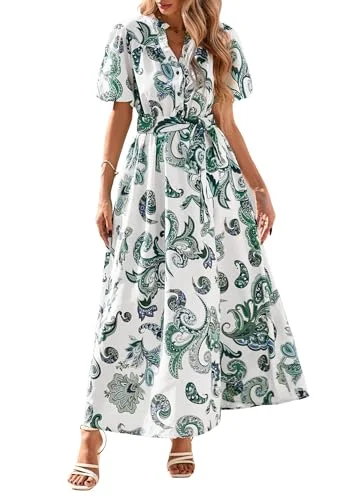 KIRUNDO Floral V-Neck Puff Sleeve Maxi Dress in Green