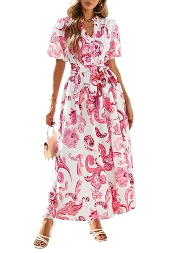 KIRUNDO Floral V-Neck Puff Sleeve Maxi Dress in Light Pink