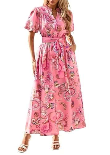 KIRUNDO Floral V-Neck Puff Sleeve Maxi Dress in Pink