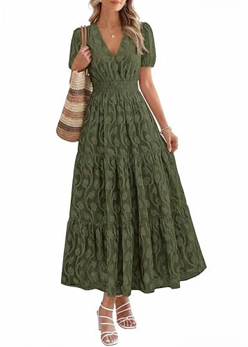 KIRUNDO Floral V-Neck Short Sleeve Maxi Dress in Army Green