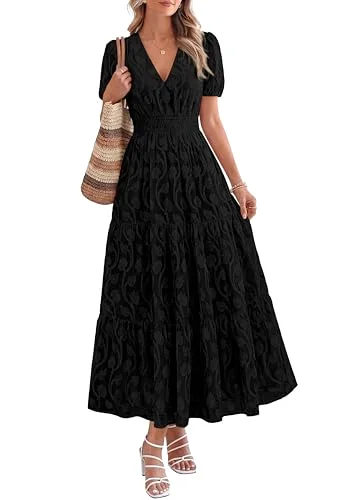 KIRUNDO Floral V-Neck Short Sleeve Maxi Dress in Black