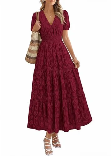 KIRUNDO Floral V-Neck Short Sleeve Maxi Dress in Burgundy