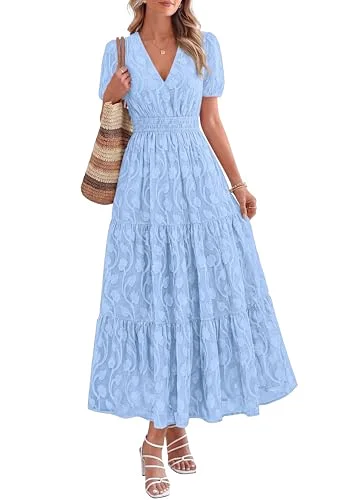 KIRUNDO Floral V-Neck Short Sleeve Maxi Dress in Light Blue