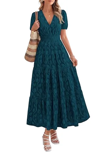 KIRUNDO Floral V-Neck Short Sleeve Maxi Dress in Peacock Blue