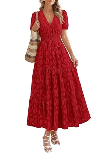 KIRUNDO Floral V-Neck Short Sleeve Maxi Dress in Red