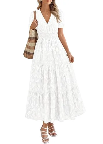 KIRUNDO Floral V-Neck Short Sleeve Maxi Dress in White