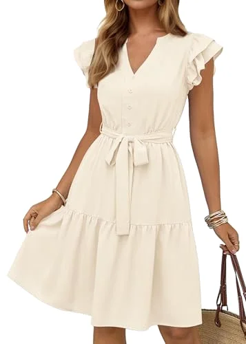 KIRUNDO Flutter Sleeve Belted Midi Dress in Beige