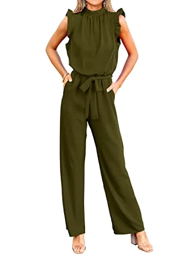 KIRUNDO Flutter Sleeve Tie Waist Jumpsuit in Army Green