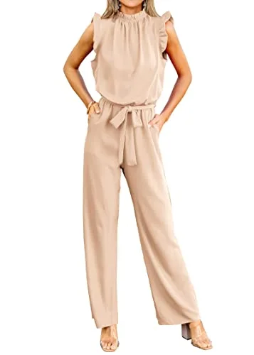 KIRUNDO Flutter Sleeve Tie Waist Jumpsuit in Khaki