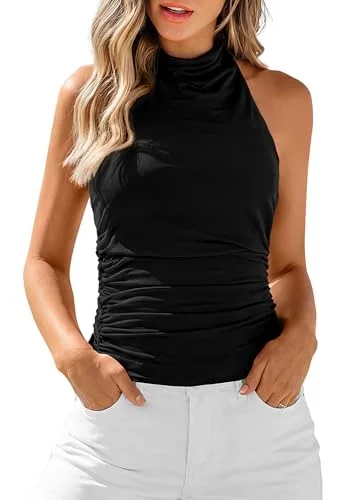KIRUNDO Halter Cowl Neck Tank Top in Black