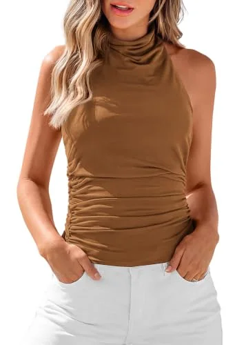 KIRUNDO Halter Cowl Neck Tank Top in Brown