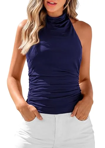 KIRUNDO Halter Cowl Neck Tank Top in Navy Blue