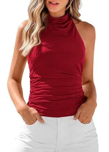 KIRUNDO Halter Cowl Neck Tank Top in Red