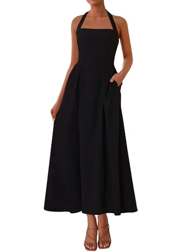 KIRUNDO Halter Pocket Maxi Dress in Black