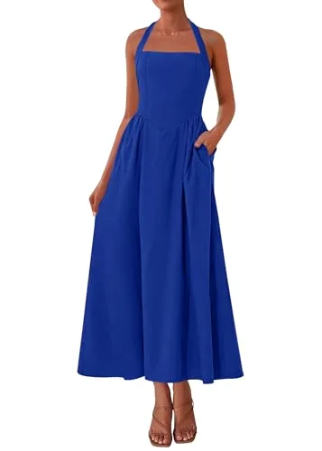 KIRUNDO Halter Pocket Maxi Dress in Blue