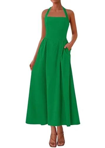 KIRUNDO Halter Pocket Maxi Dress in Green