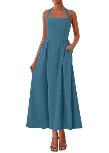 KIRUNDO Halter Pocket Maxi Dress in Grey Blue