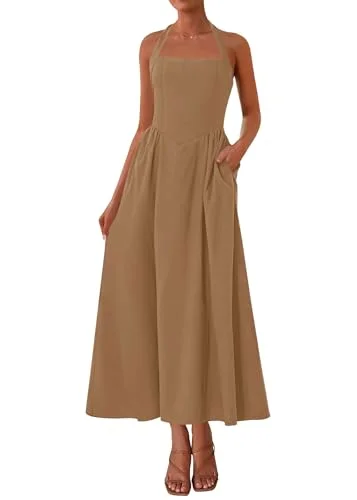 KIRUNDO Halter Pocket Maxi Dress in Khaki