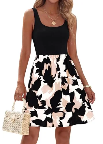 KIRUNDO Leaf Print Tank A-Line Dress in Black