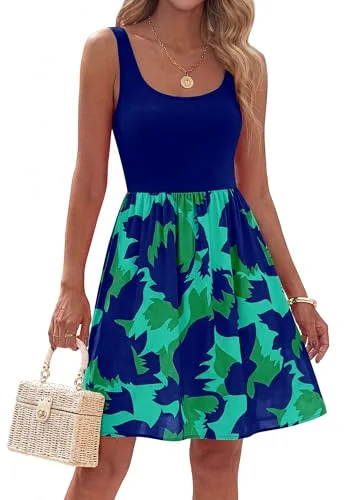 KIRUNDO Leaf Print Tank A-Line Dress in Blue Green