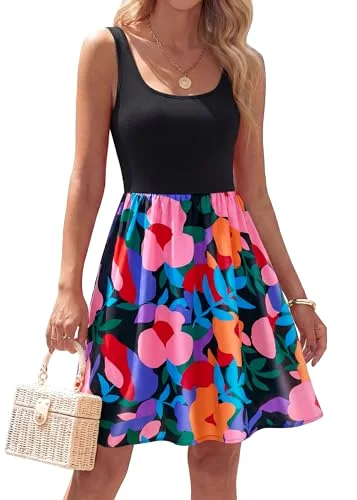 KIRUNDO Leaf Print Tank A-Line Dress in Floral Black Multicolored