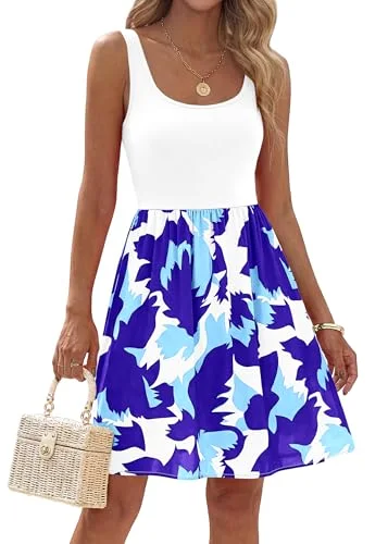 KIRUNDO Leaf Print Tank A-Line Dress in White Blue