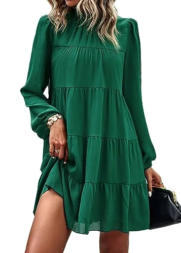 KIRUNDO Long Sleeve Tiered Babydoll Dress in Green