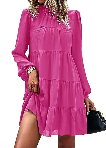 KIRUNDO Long Sleeve Tiered Babydoll Dress in Rose Red