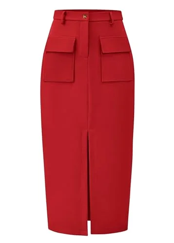 KIRUNDO Pencil Cargo High-Waist Skirt in Red
