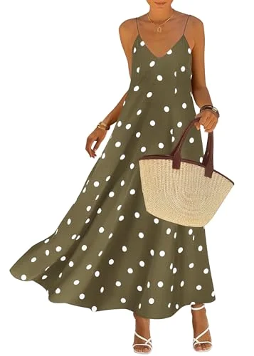 KIRUNDO Polka Dot Spaghetti Strap Flowy Maxi Dress in Army Green