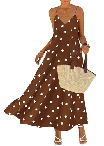 KIRUNDO Polka Dot Spaghetti Strap Flowy Maxi Dress in Brown