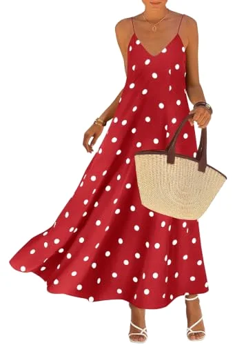 KIRUNDO Polka Dot Spaghetti Strap Flowy Maxi Dress in Red