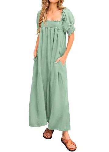 KIRUNDO Puff Sleeve Maxi Dress in Sage Green