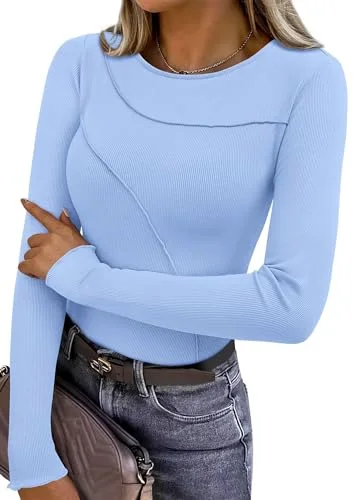 KIRUNDO Ribbed Boat Neck Long Sleeve Top in Baby Blue