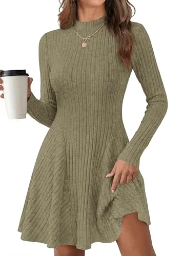 KIRUNDO Ribbed Mock Neck Long Sleeve Sweater Dress in Army Green
