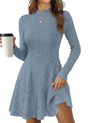 KIRUNDO Ribbed Mock Neck Long Sleeve Sweater Dress in Dusty Blue