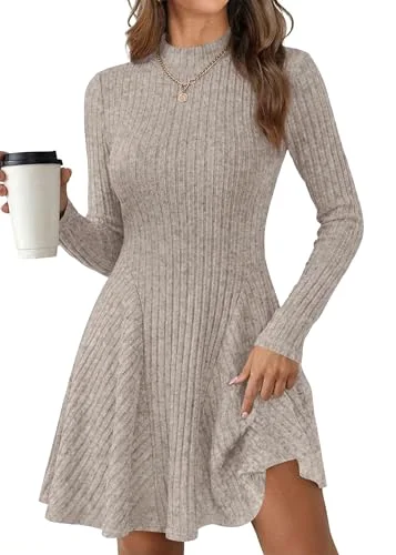 KIRUNDO Ribbed Mock Neck Long Sleeve Sweater Dress in Khaki