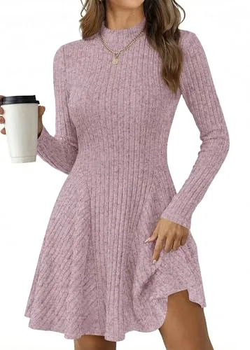 KIRUNDO Ribbed Mock Neck Long Sleeve Sweater Dress in Light Pink