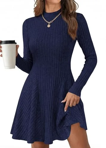 KIRUNDO Ribbed Mock Neck Long Sleeve Sweater Dress in Navy