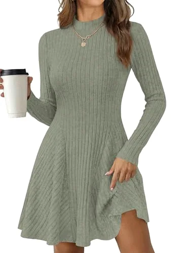 KIRUNDO Ribbed Mock Neck Long Sleeve Sweater Dress in Sage Green