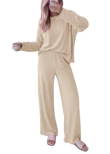KIRUNDO Ribbed Wide Leg Lounge Set in Beige